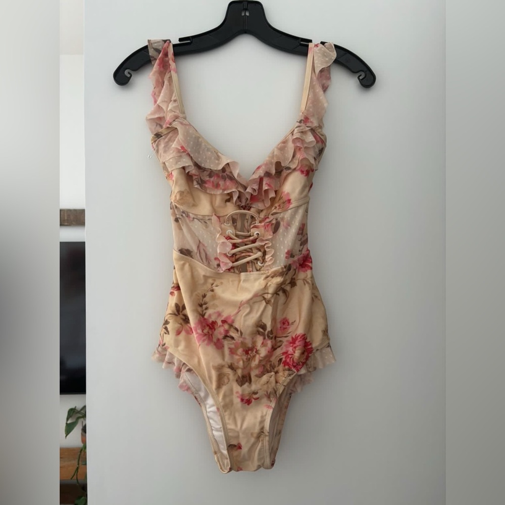 Zimmerman Floral Lace-Up Ruffle Bodysuit